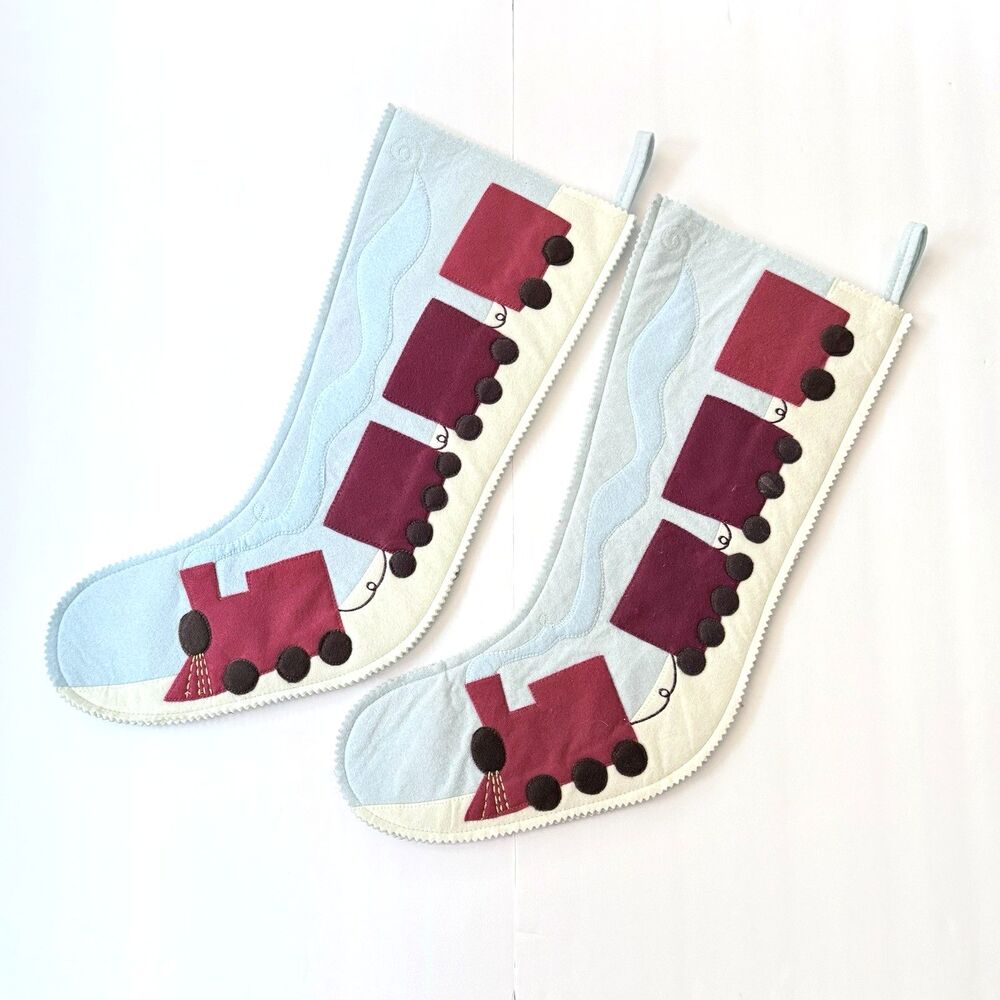 Two Matching St. Jude Hospital Blue Train Christmas Stockings Felt Appliqued